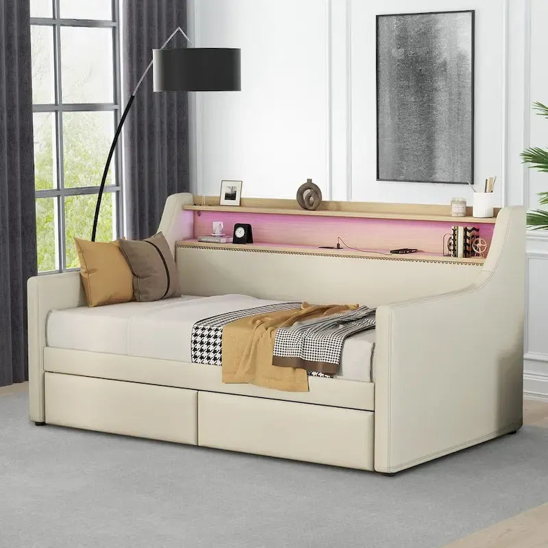Modern Stylish Twin Size Upholstered Storage Daybed with Nailhead Trim