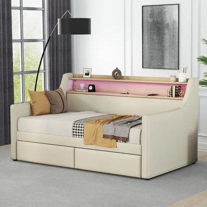 Modern Stylish Twin Size Upholstered Storage Daybed with Nailhead Trim