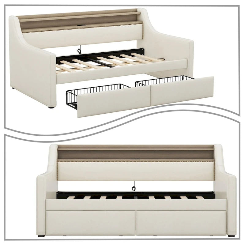 Modern Stylish Twin Size Upholstered Storage Daybed with Nailhead Trim