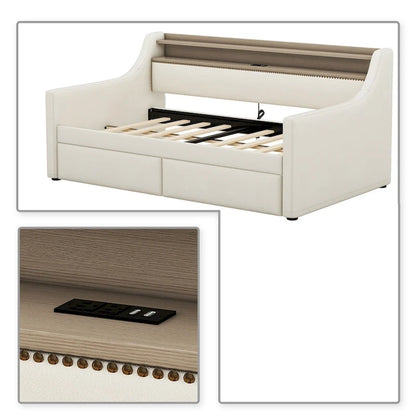 Modern Stylish Twin Size Upholstered Storage Daybed with Nailhead Trim
