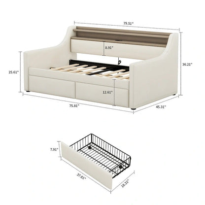 Modern Stylish Twin Size Upholstered Storage Daybed with Nailhead Trim