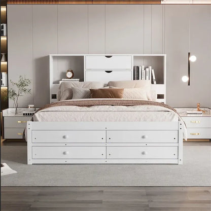 Queen Size Platform Bed with Storage Headboard and 8 Drawers