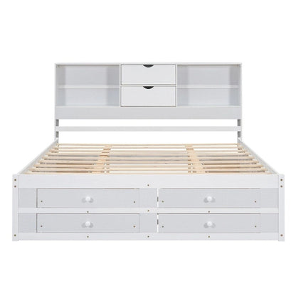 Queen Size Platform Bed with Storage Headboard and 8 Drawers