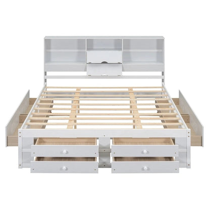 Queen Size Platform Bed with Storage Headboard and 8 Drawers