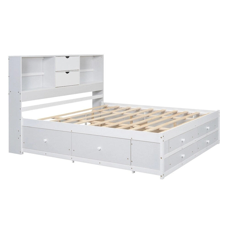 Queen Size Platform Bed with Storage Headboard and 8 Drawers