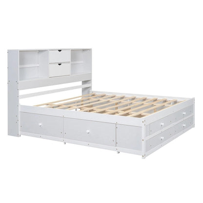 Queen Size Platform Bed with Storage Headboard and 8 Drawers