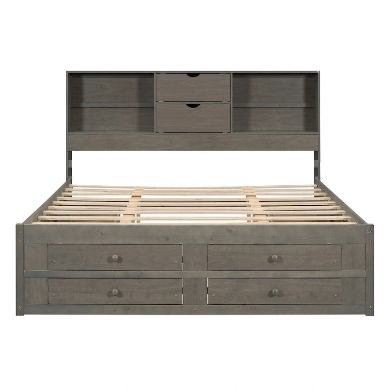 Queen Size Platform Bed with Storage Headboard and 8 Drawers