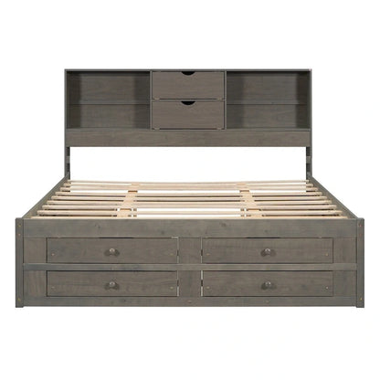 Queen Size Platform Bed with Storage Headboard and 8 Drawers