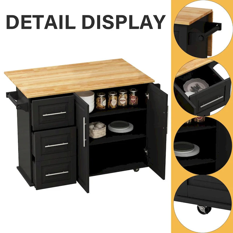 Kitchen Island Cart with 2 Door Cabinet and 3 Drawers