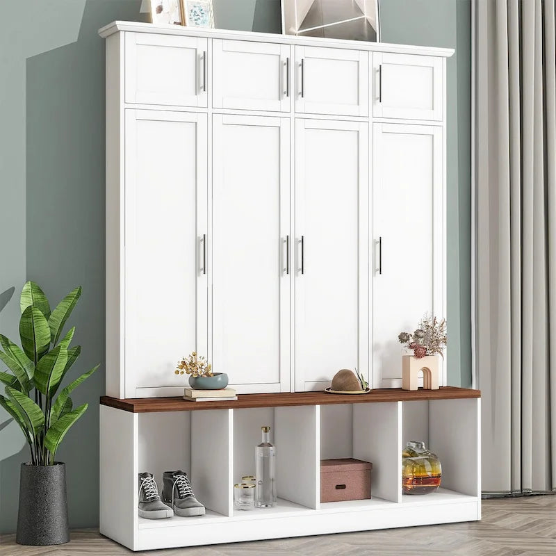 Stylish Wooden Tall Hall Tree with 8 Cabinets and 4 Open Storage Compartments