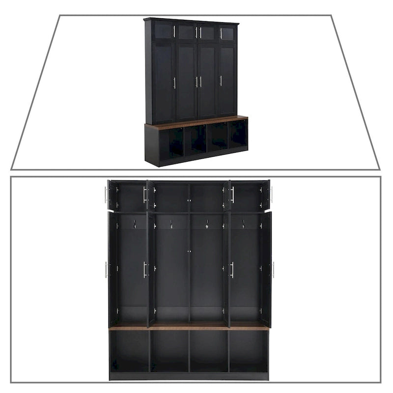 Stylish Wooden Tall Hall Tree with 8 Cabinets and 4 Open Storage Compartments
