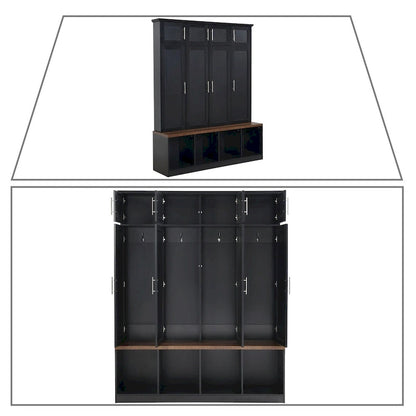 Stylish Wooden Tall Hall Tree with 8 Cabinets and 4 Open Storage Compartments