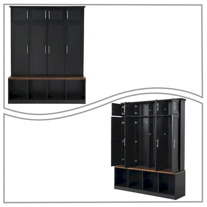 Stylish Wooden Tall Hall Tree with 8 Cabinets and 4 Open Storage Compartments