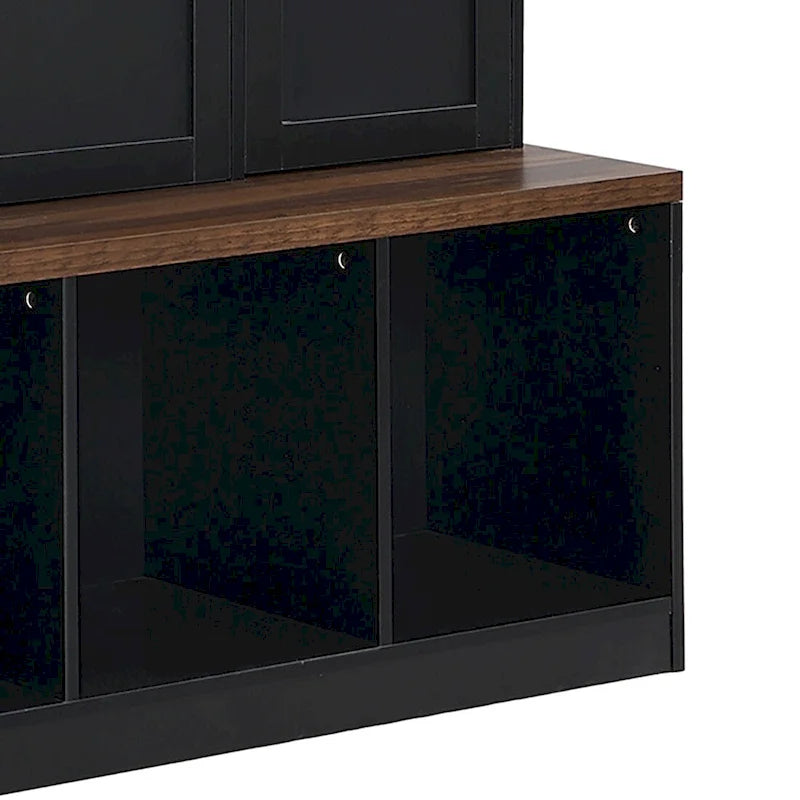 Stylish Wooden Tall Hall Tree with 8 Cabinets and 4 Open Storage Compartments