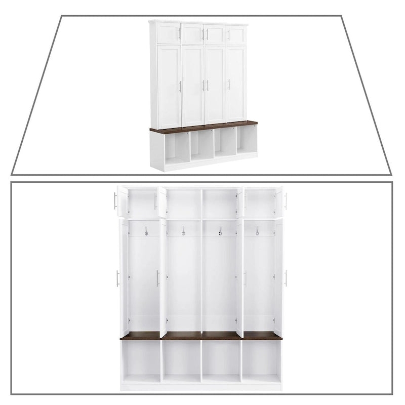 Stylish Wooden Tall Hall Tree with 8 Cabinets and 4 Open Storage Compartments