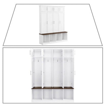 Stylish Wooden Tall Hall Tree with 8 Cabinets and 4 Open Storage Compartments