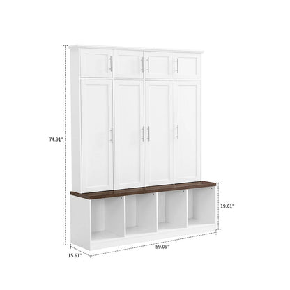 Stylish Wooden Tall Hall Tree with 8 Cabinets and 4 Open Storage Compartments