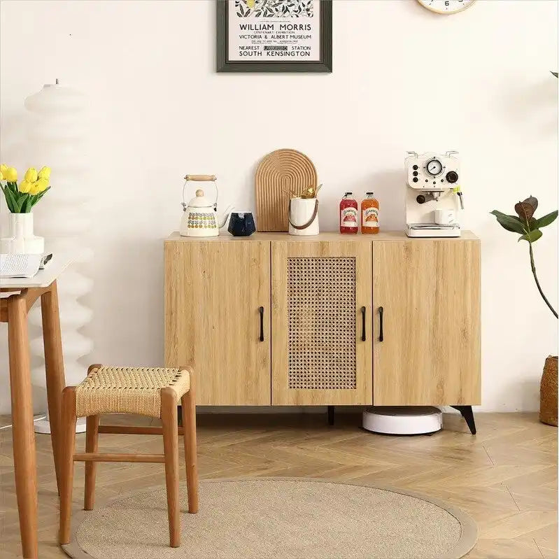 45.3W Three-Door Cabinet with Natural Rattan - N/A