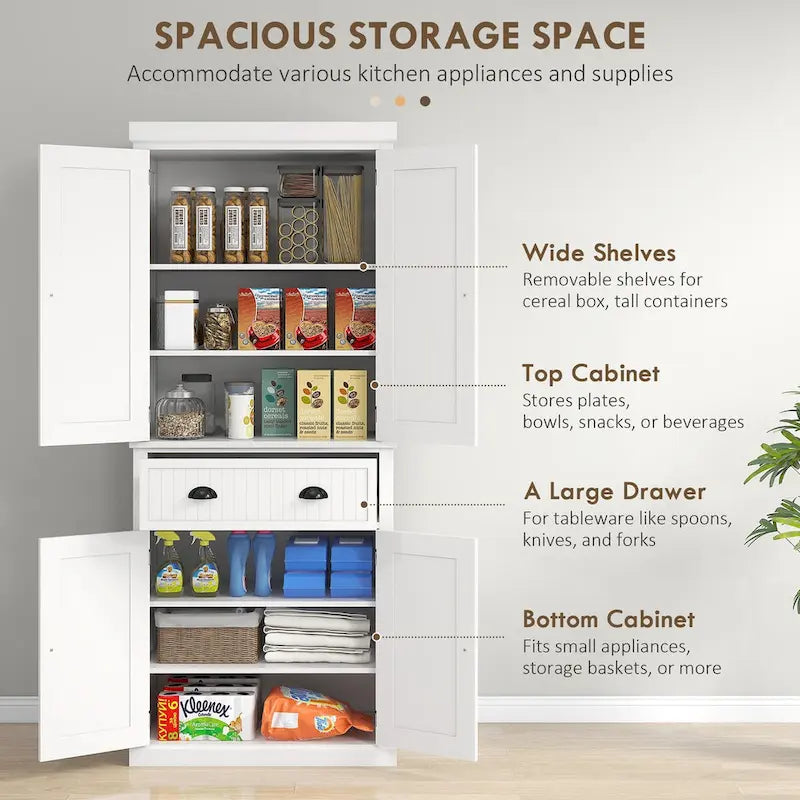 72 Kitchen Pantry, Tall Storage Cabinet, Freestanding Cupboard with Drawer, Doors and Adjustable Shelves