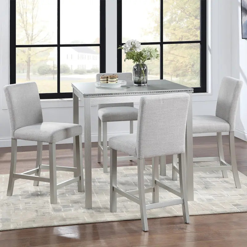 5 Piece Counter Height Table Set, Wooden Kitchen Table Set with Square Table and 4 Upholstered Chairs