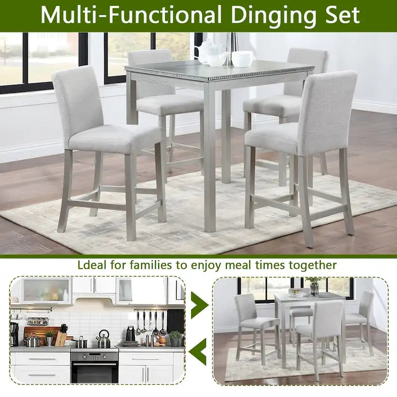 5 Piece Counter Height Table Set, Wooden Kitchen Table Set with Square Table and 4 Upholstered Chairs