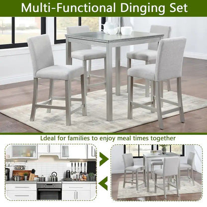 5 Piece Counter Height Table Set, Wooden Kitchen Table Set with Square Table and 4 Upholstered Chairs