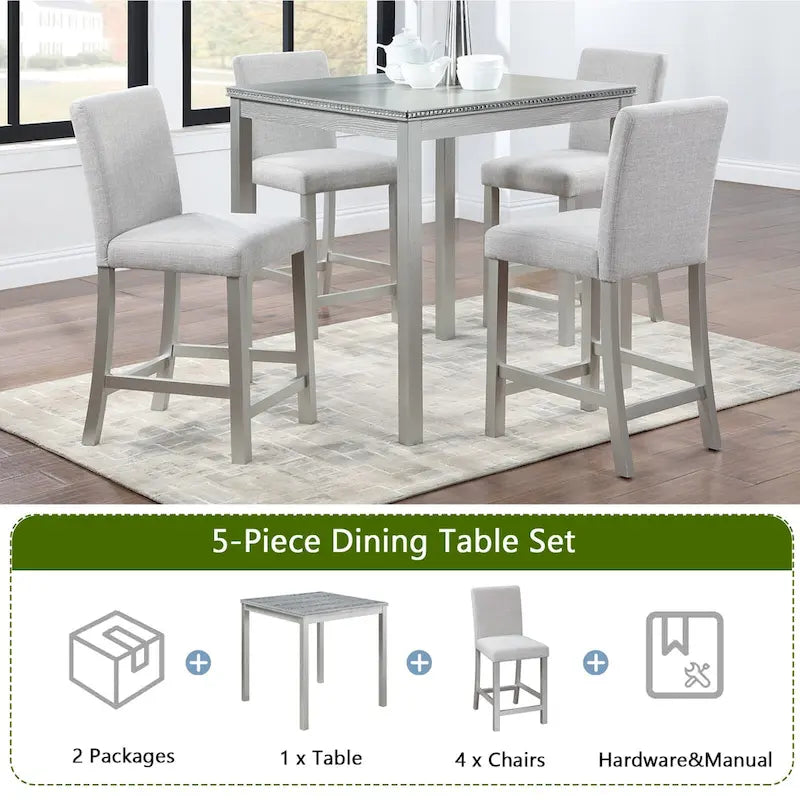 5 Piece Counter Height Table Set, Wooden Kitchen Table Set with Square Table and 4 Upholstered Chairs
