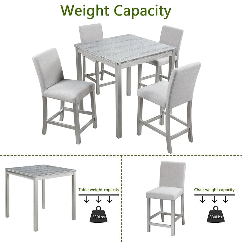 5 Piece Counter Height Table Set, Wooden Kitchen Table Set with Square Table and 4 Upholstered Chairs