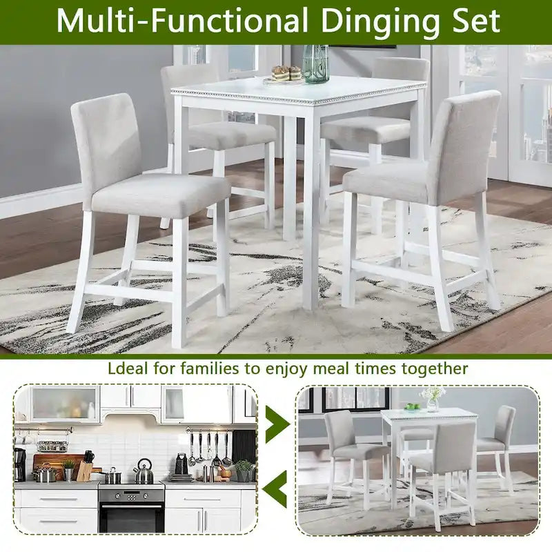 5 Piece Counter Height Table Set, Wooden Kitchen Table Set with Square Table and 4 Upholstered Chairs