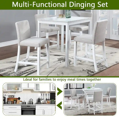 5 Piece Counter Height Table Set, Wooden Kitchen Table Set with Square Table and 4 Upholstered Chairs