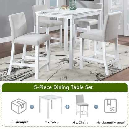 5 Piece Counter Height Table Set, Wooden Kitchen Table Set with Square Table and 4 Upholstered Chairs