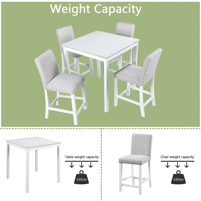 5 Piece Counter Height Table Set, Wooden Kitchen Table Set with Square Table and 4 Upholstered Chairs