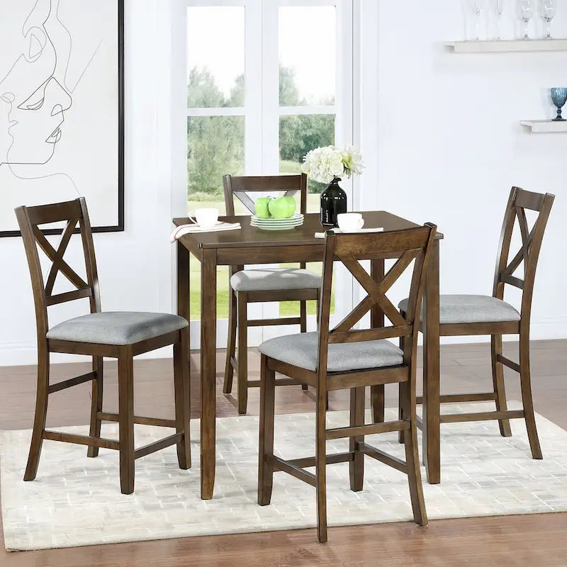 5 Piece Counter Height Table Set, Wooden Kitchen Table Set with Square Table and 4 Upholstered Chairs