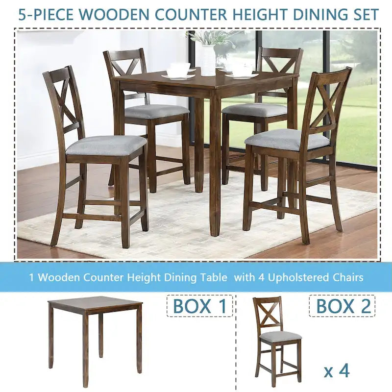 5 Piece Counter Height Table Set, Wooden Kitchen Table Set with Square Table and 4 Upholstered Chairs