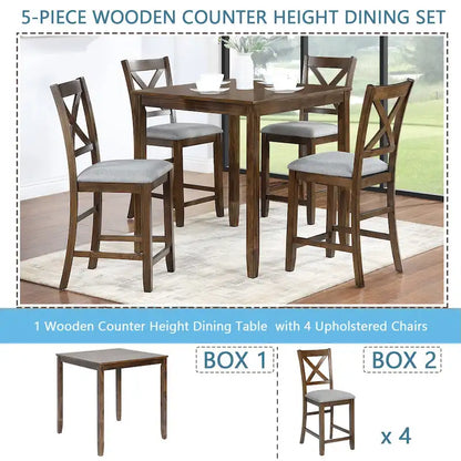 5 Piece Counter Height Table Set, Wooden Kitchen Table Set with Square Table and 4 Upholstered Chairs