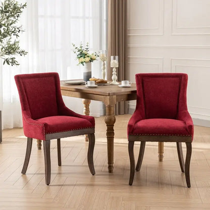 Thickened Fabric Dining Chairs w/Solid Wood Legs,Bronze nail head,Set of 2