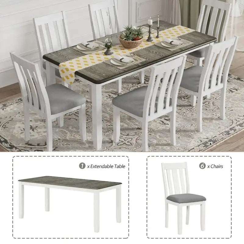 7-Piece Dining Table Set with Extendable Table and 6 Upholstered Chairs
