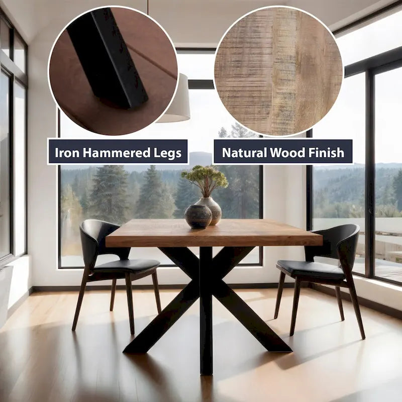 48 Square Dining Table, Solid Mango Wood with Sturdy Metal Spider Leg