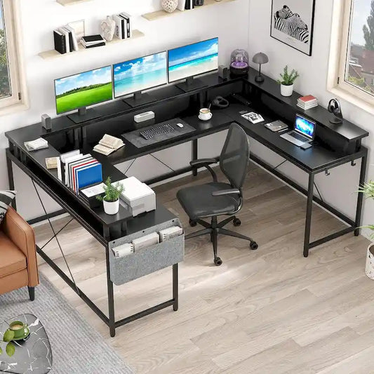 Reversible Shaped Large Computer Desk with Power Outlets
