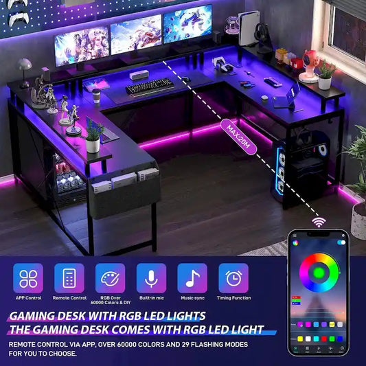 Reversible Shaped Large Computer Desk with Power Outlets