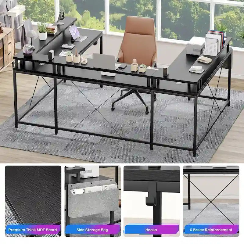 Reversible Shaped Large Computer Desk with Power Outlets