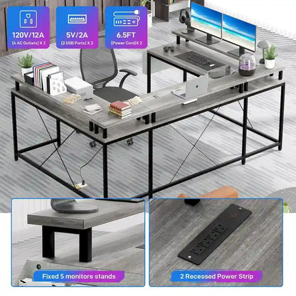 Reversible Shaped Large Computer Desk with Power Outlets
