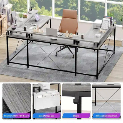 Reversible Shaped Large Computer Desk with Power Outlets