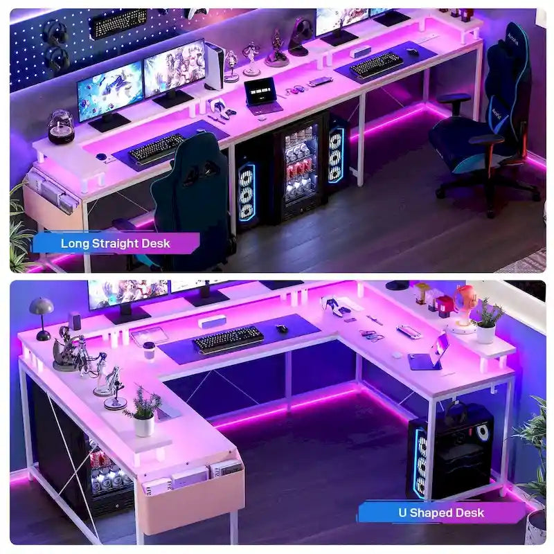 Reversible Shaped Large Computer Desk with Power Outlets