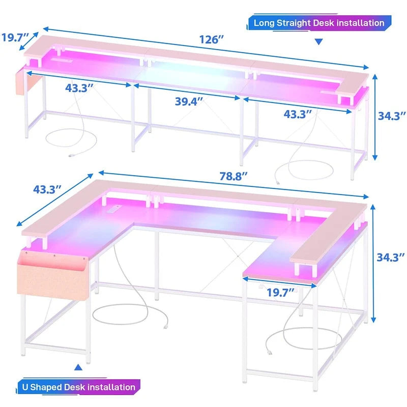 Reversible Shaped Large Computer Desk with Power Outlets