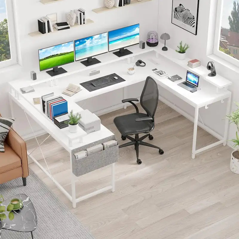 Reversible Shaped Large Computer Desk with Power Outlets