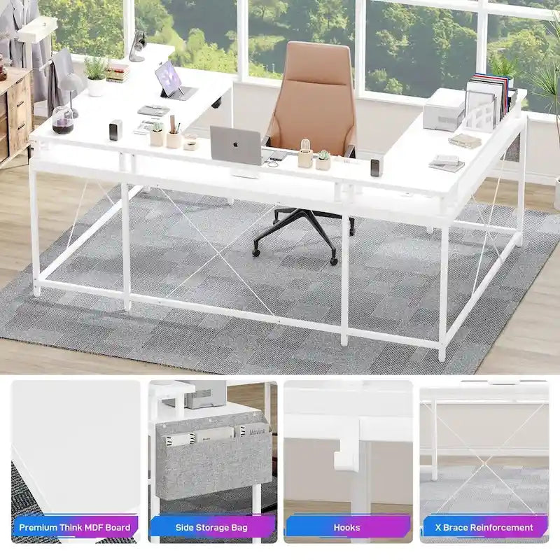 Reversible Shaped Large Computer Desk with Power Outlets