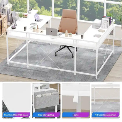 Reversible Shaped Large Computer Desk with Power Outlets