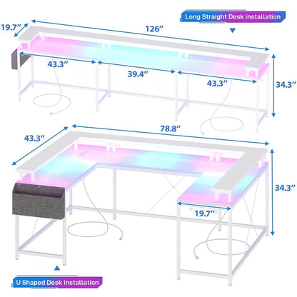 Reversible Shaped Large Computer Desk with Power Outlets
