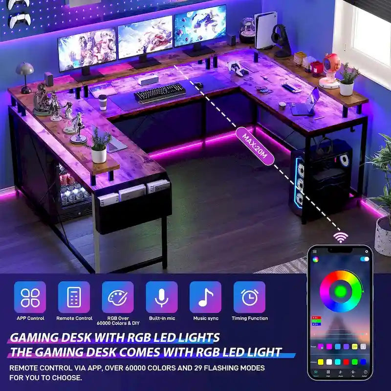 Reversible Shaped Large Computer Desk with Power Outlets